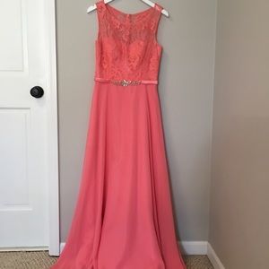 Full-length coral chiffon dress